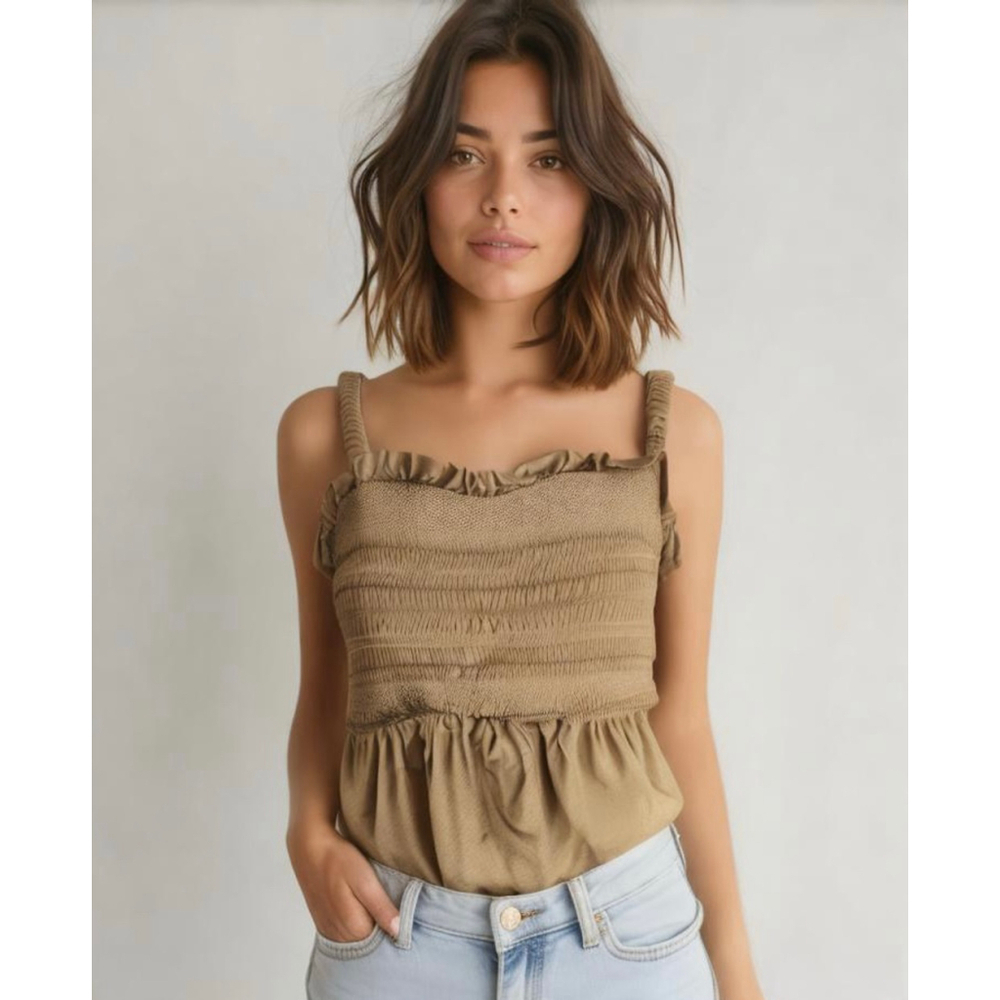 Old Navy Women's Top Size Lg Tan Sleeveless Smocked Babydoll Cottagecore Peasant